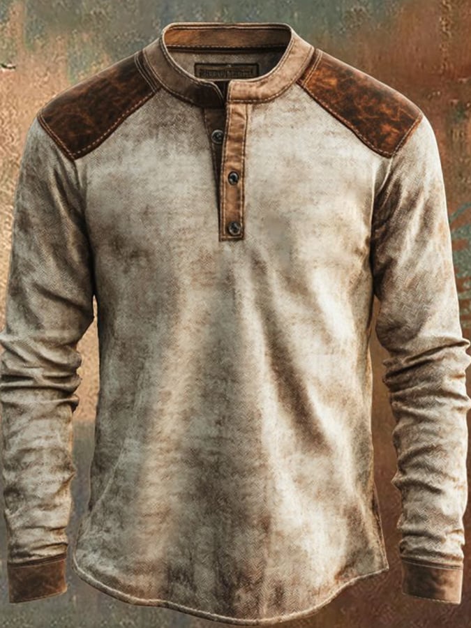 Camisa casual vintage desgastado estampado de manga larga Henley para hombre