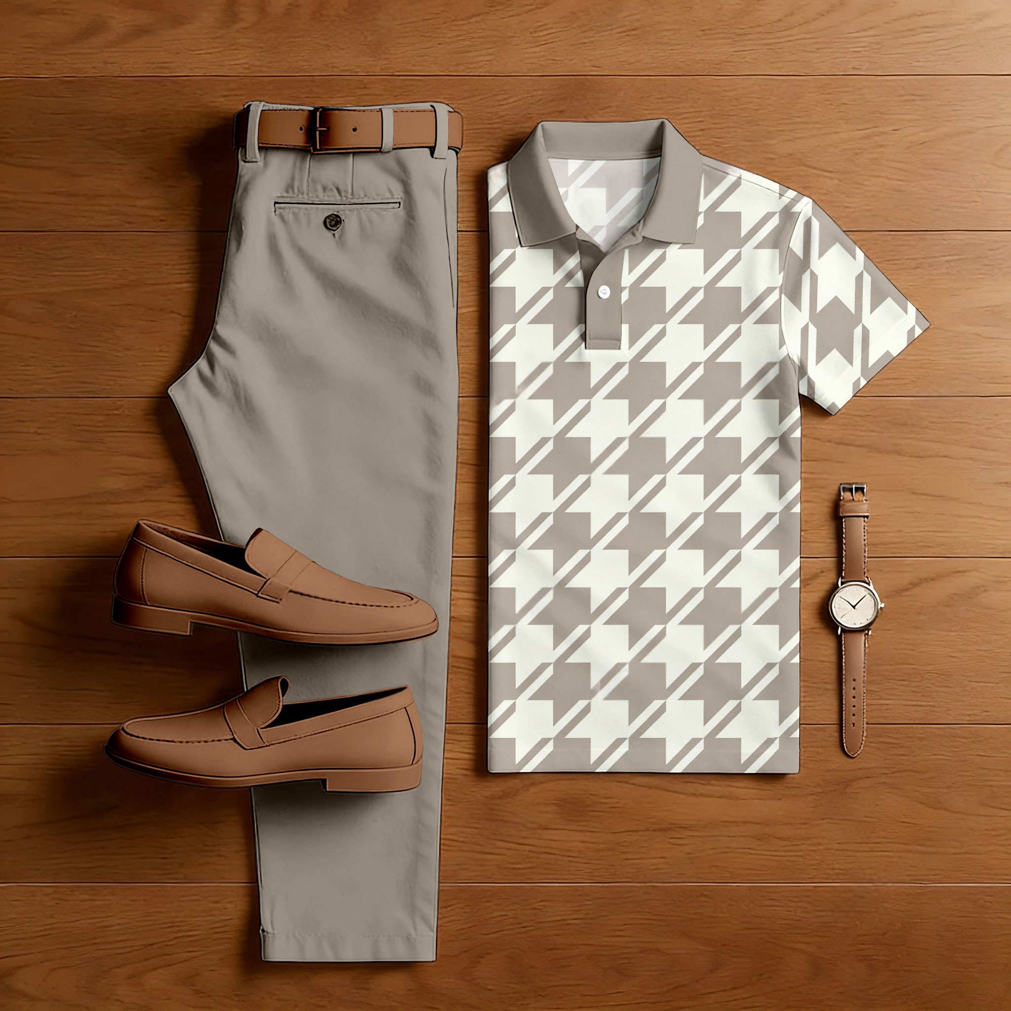 Conjunto de dos piezas casual Khaki a cuadros estampado camisa polo And pantalón para hombre