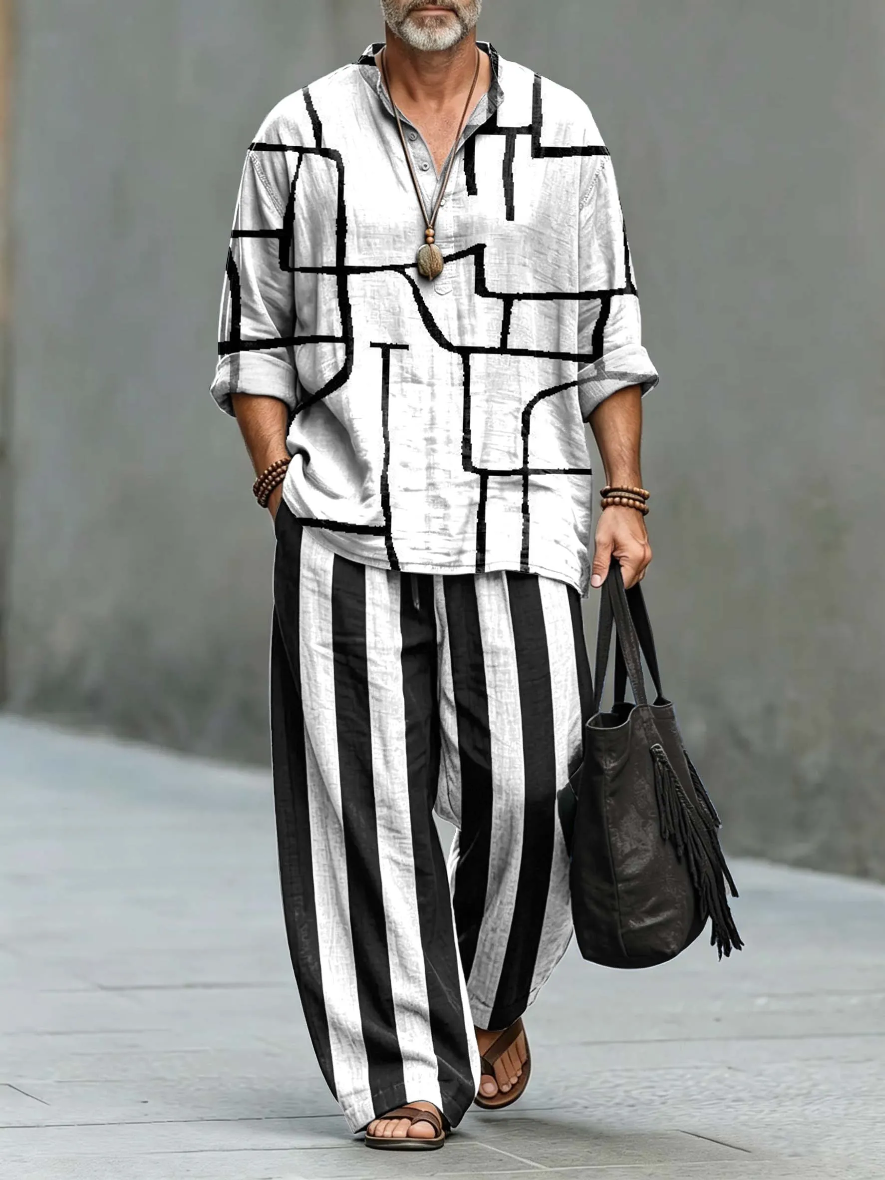 para hombre Abstract Geometric Stripes Art Print de algodón camisa Set