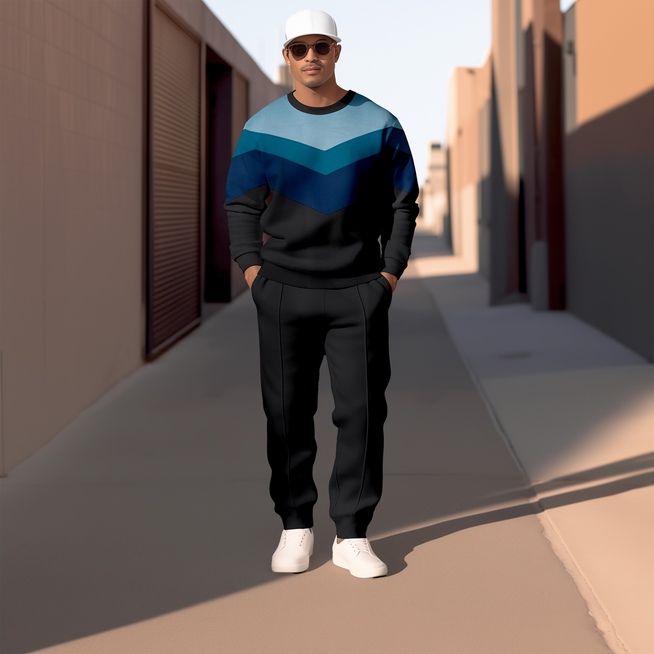 Simple Colorblock Round Neck casual Sports Set 057 para hombre