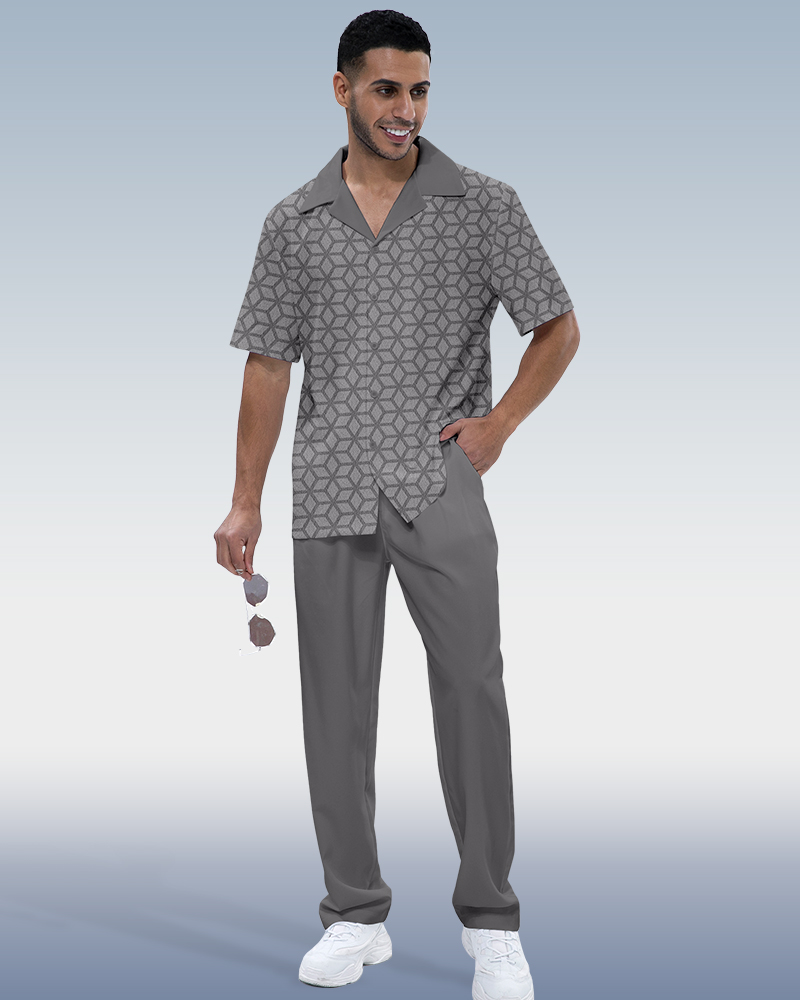 Camisa Rianmond vintage Geometric estampado de manga corta Walking Set 576 para hombre