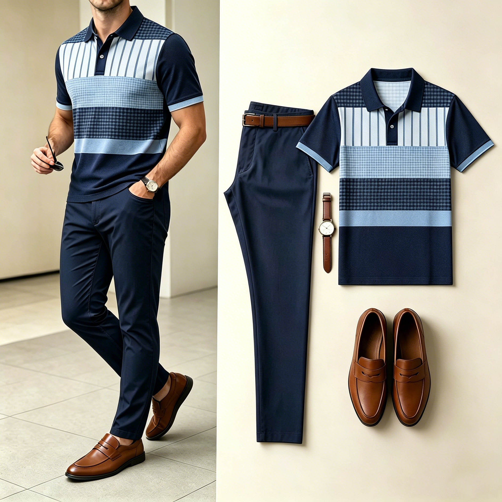 Conjunto de dos piezas Light ejecutivo Patchpara trabajo Vertical a cuadros & Horizontal rayas camisa polo And de corte entallado pantalón para hombre