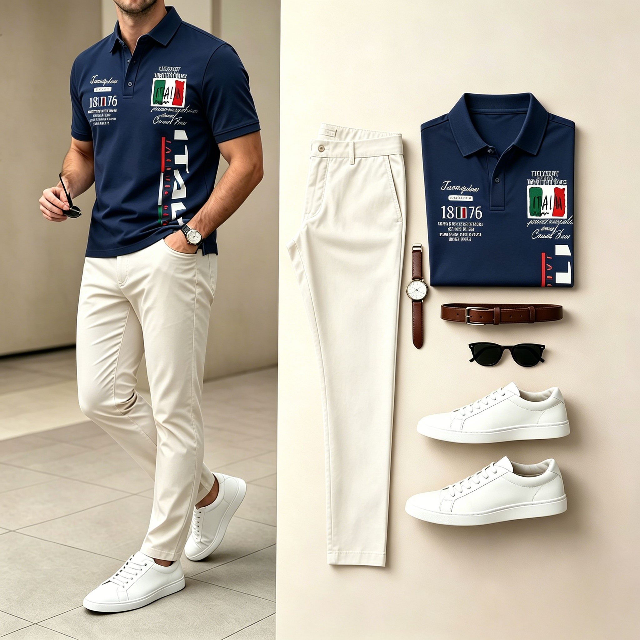 Conjunto de dos piezas Navy Blue & Beige Color Matching estampado de manga cortas camisa polo & pantalón para hombre