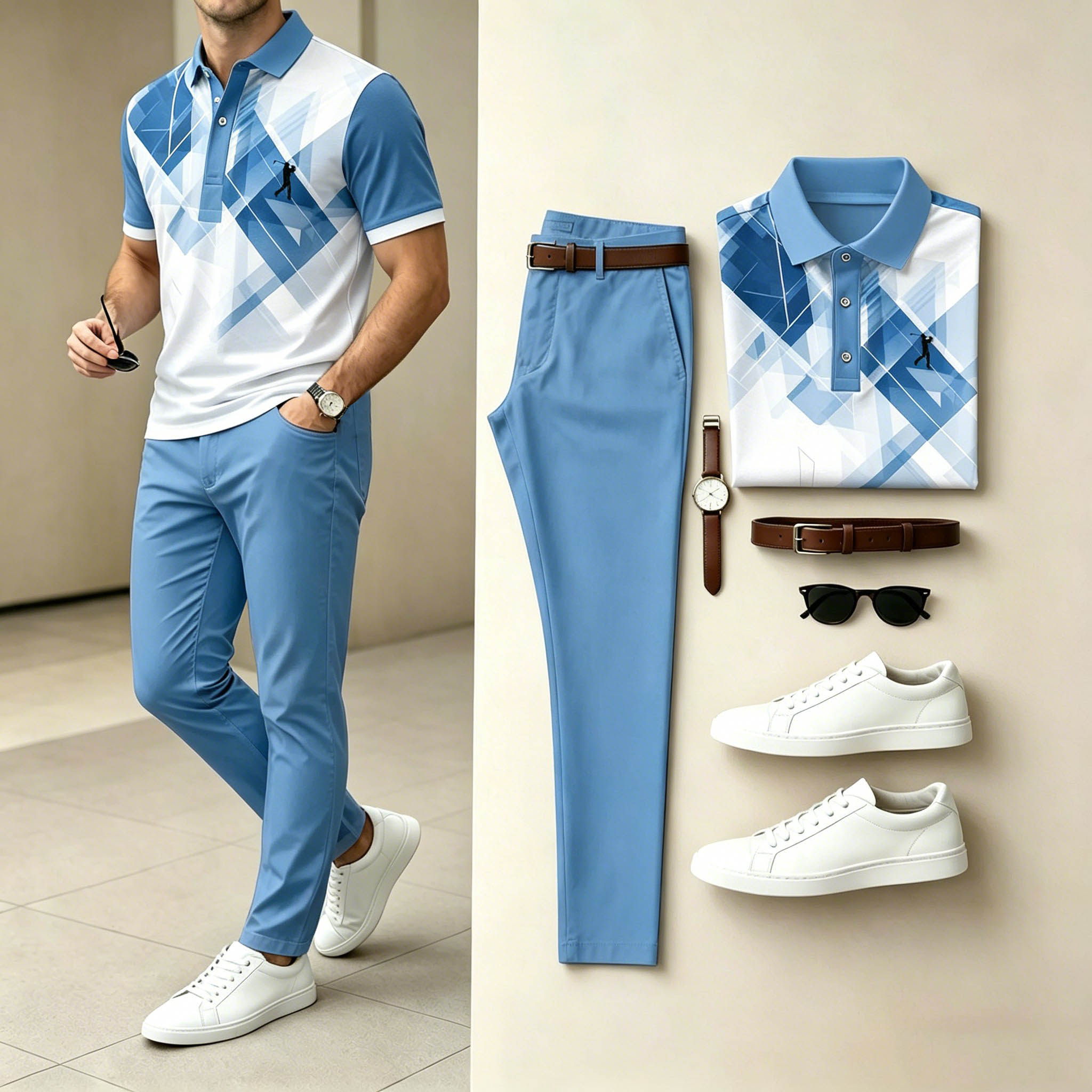 Conjunto de dos piezas casual Light Blue Geometric estampado camisa polo & pantalón para hombre
