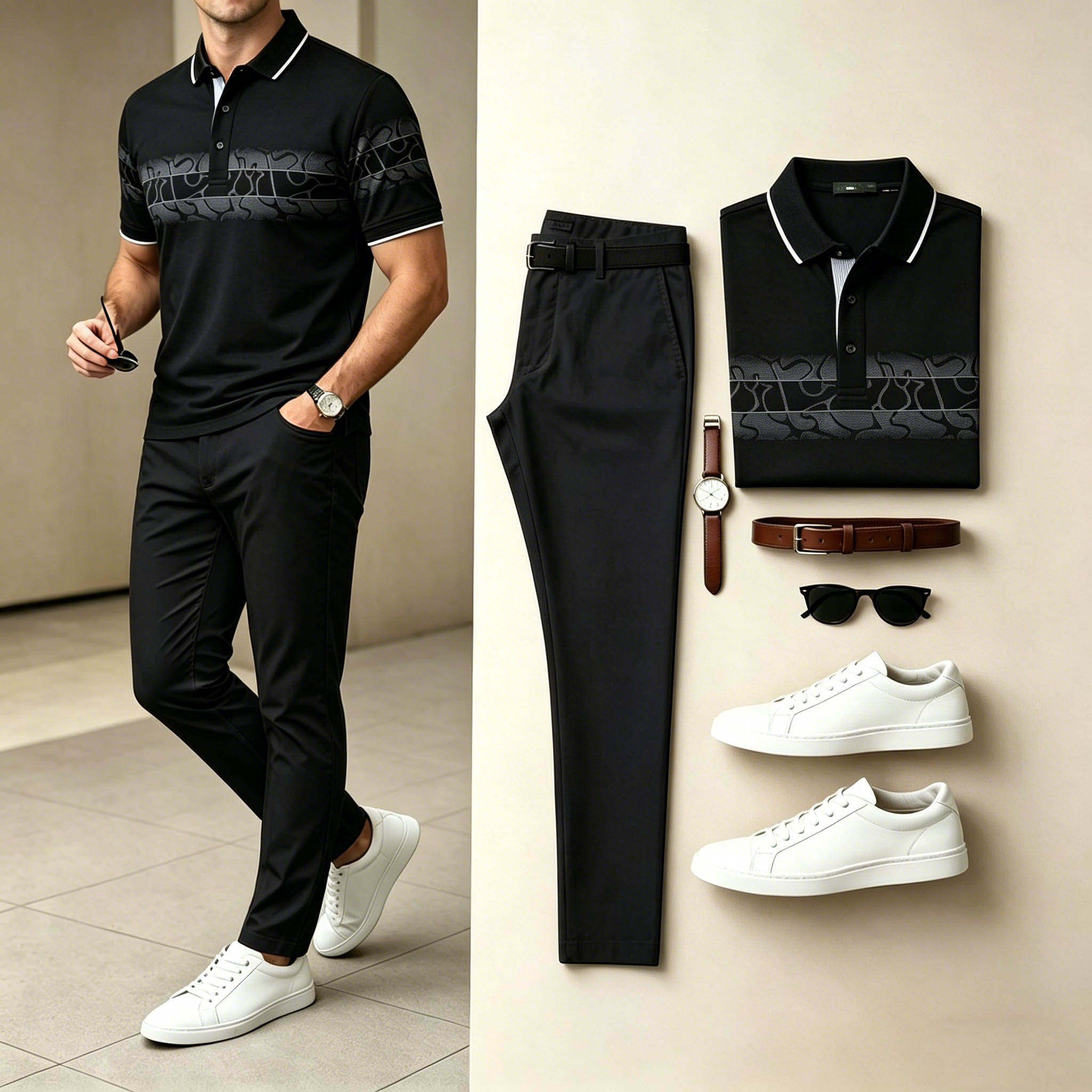 Conjunto de dos piezas casual Black Grey Pattern estampado camisa polo & Black pantalón para hombre