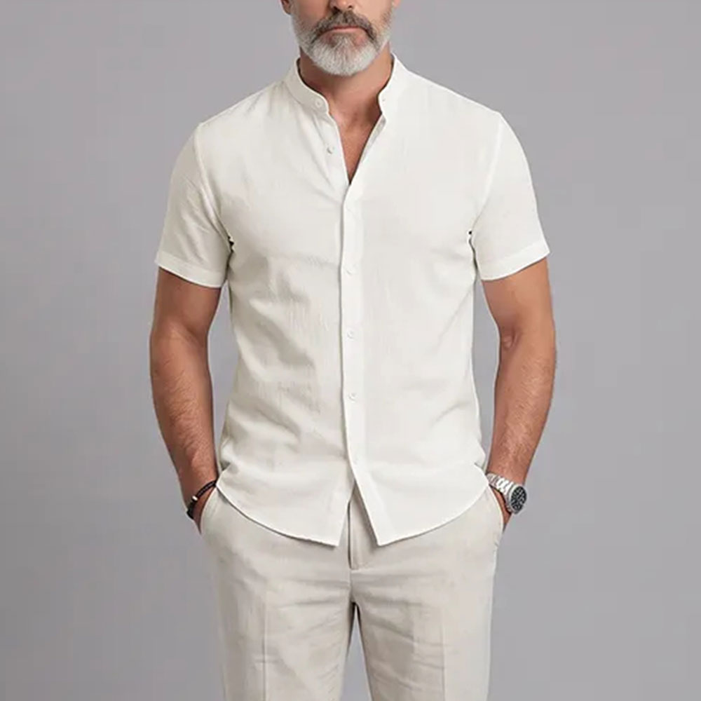 Camisa de manga corta with Stand-Up Collar: Lightweight, transpirable, and Textured para hombre