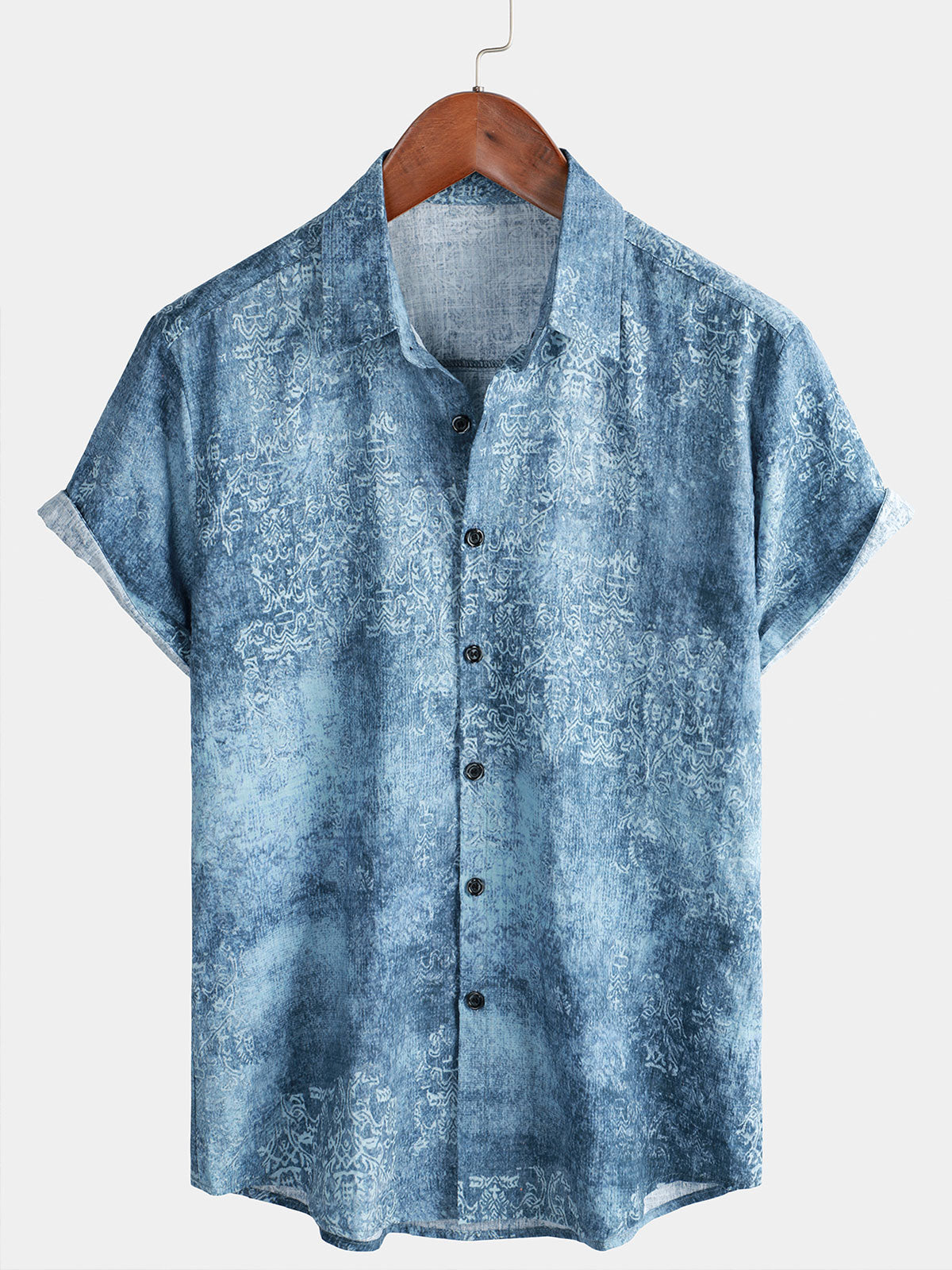 Camisa de algodón vintage Light Blue de manga corta Summer Button Up para hombre
