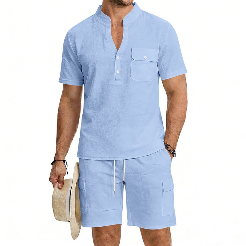Conjunto de dos piezas European Style de lino casual Stand Collar de manga corta camisa and Cargo shorts Set, Lightweight transpirable Summer Outfit, holgado Fit Drawstring for Beach Vacation Travel Resort Streetwear Comfortable elegante Loungewear para hombre