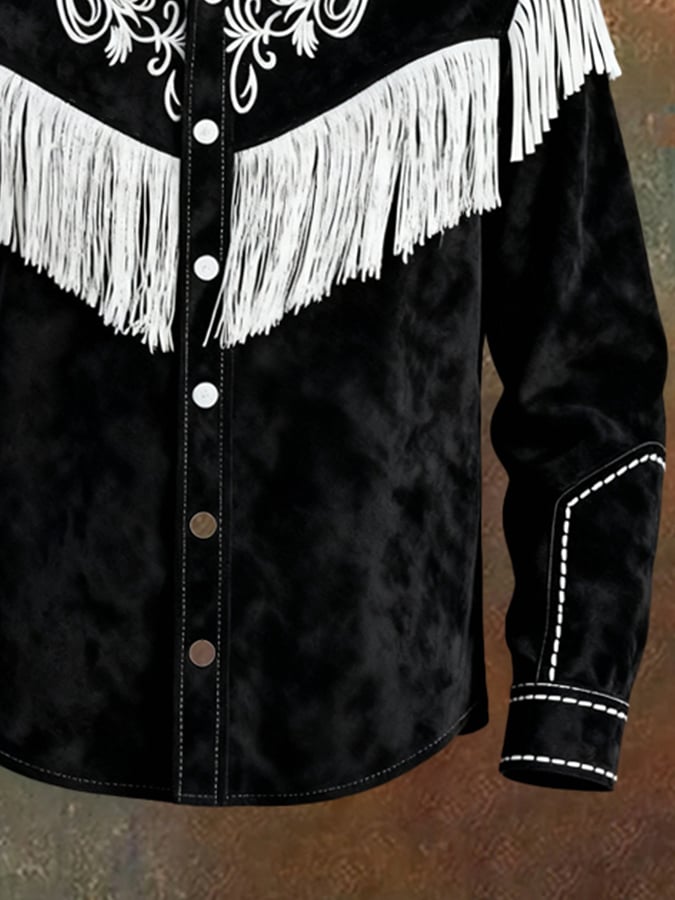 Camisa vintage Patchpara trabajo Color-Block gamuza de manga larga With Tassels para hombre