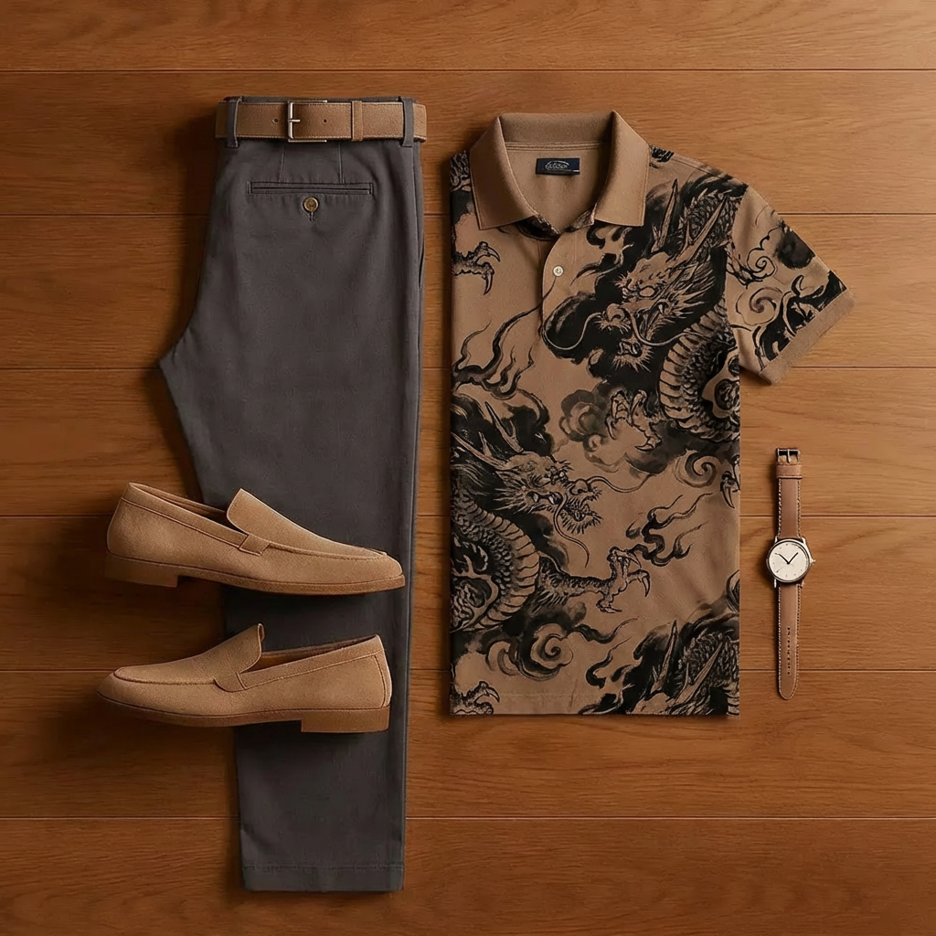 Conjunto de dos piezas retro Brown & Black estampado de manga corta camisa And Trousers para hombre