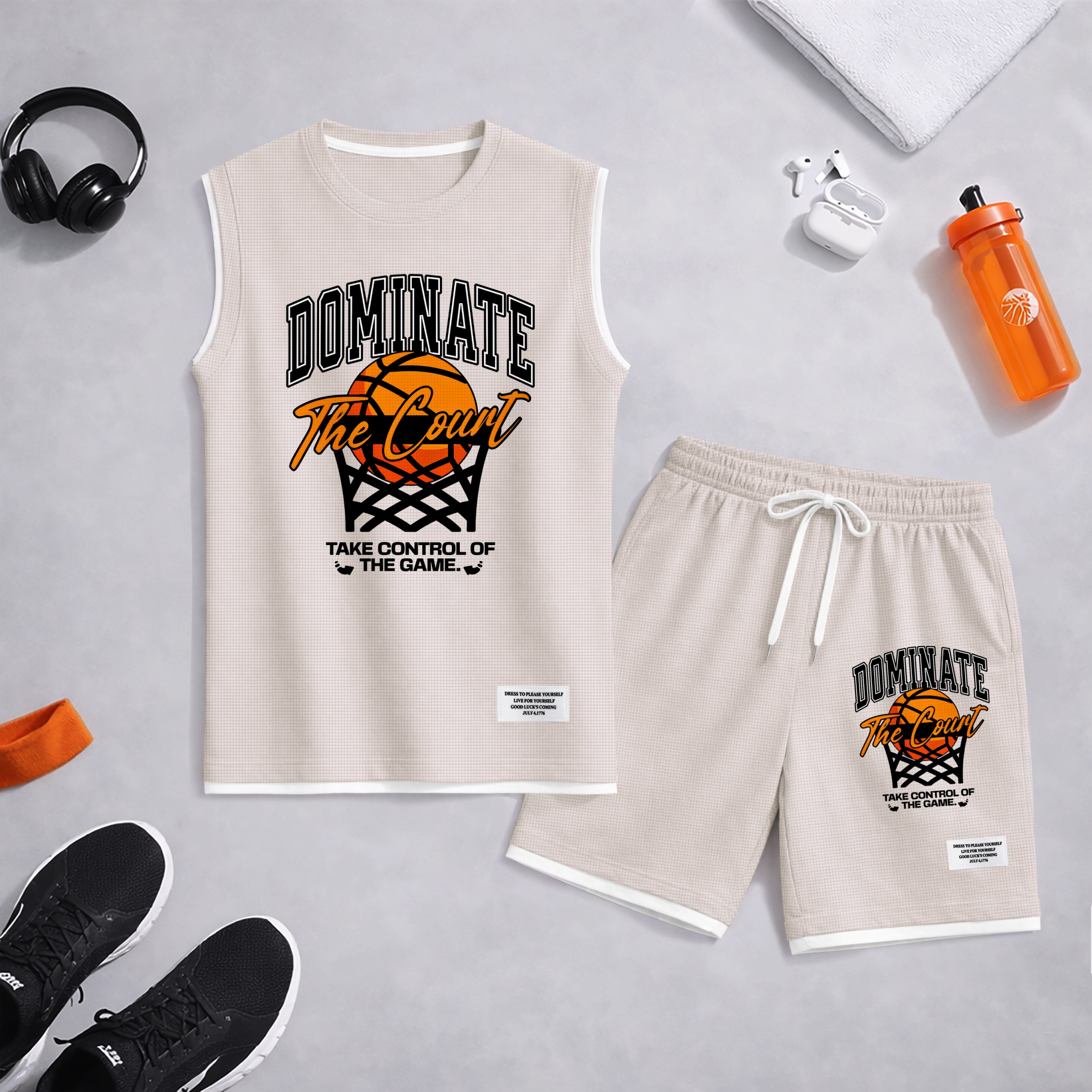 Shorts Basketball Graphic estampado Summer Set Sleeveless Tank Top & Matching Outfit, “Dominate The Court” Letter estampado with Hoop & Ball Design, Lightweight casual Streetwear Athletic Set for Everyday & para trabajoout para hombre