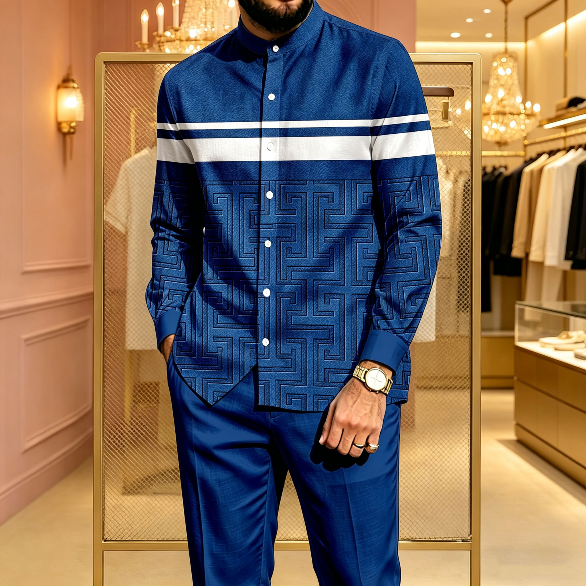 para hombre casual Blue-and-White Color-Blocked estampado Stand-Collar de manga larga camisa and pantalón conjunto de dos piezas