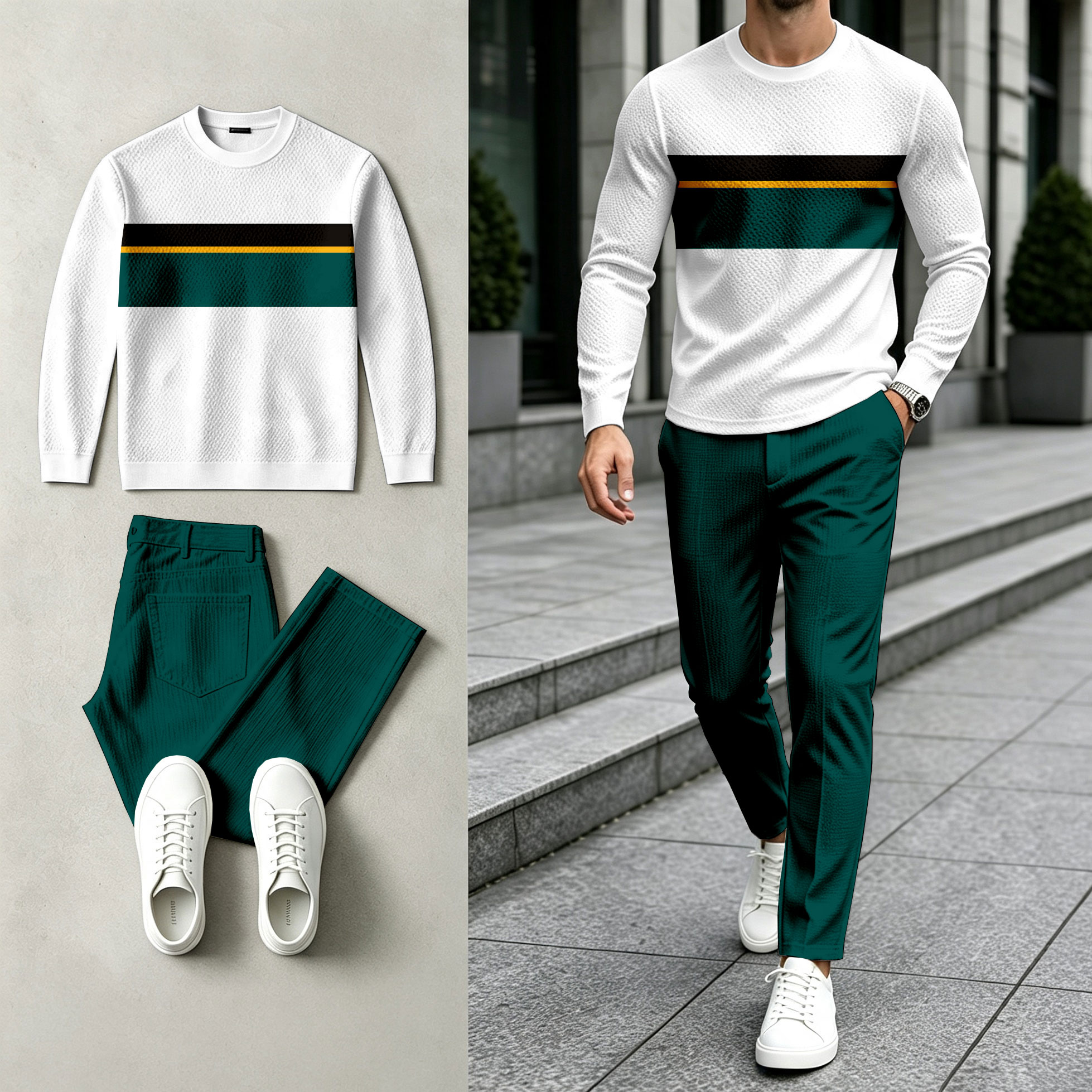 para hombre Color-Blocked Round-Neck Sweacamiseta and pantalón Set