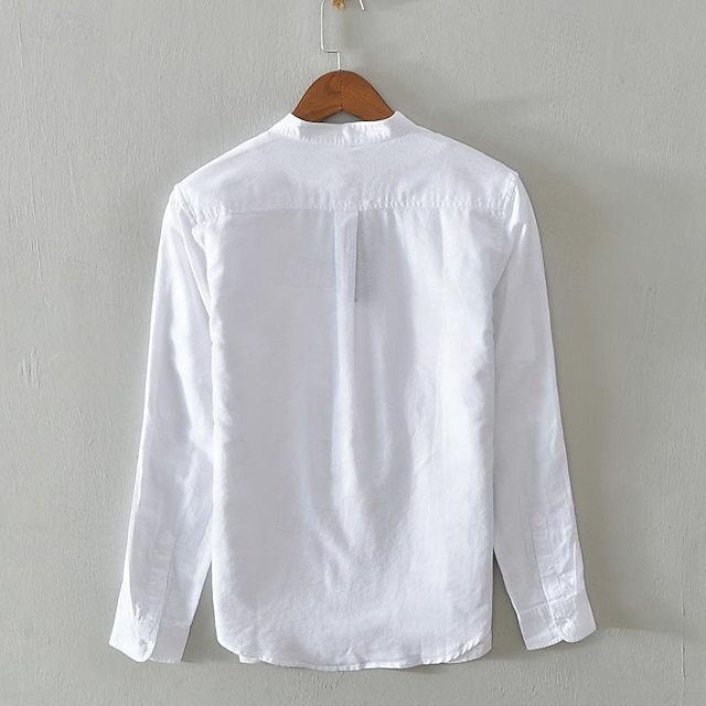 Camisa de lino camisa casual camisa Button Up camisa de algodón camisa Plain Vacation Hawaiian White Navy Blue Khaki Gray de manga larga Band Collar Spring Fall Clothing Apparel con botones para hombre