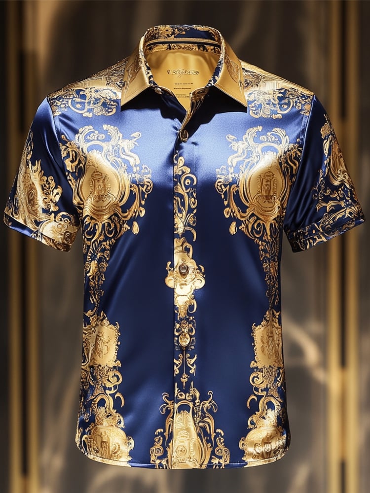 Camisa satén Luxe estampado de manga corta Button para hombre