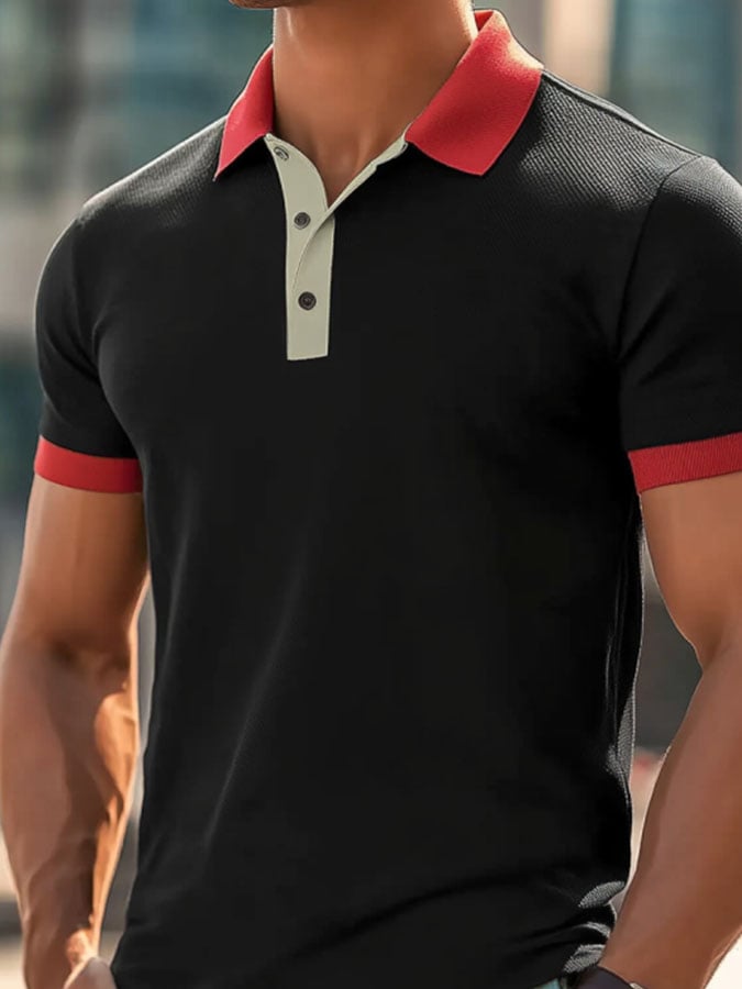 Camisa polo casual clásico Contrast Color estampado ejecutivo de manga corta para hombre