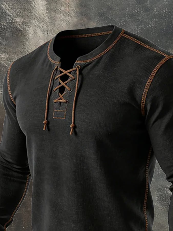 Camiseta vintage Lace-Up de manga larga para hombre