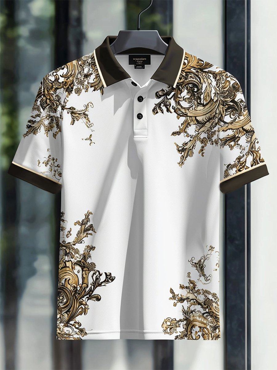 Camisa polo casual Festive floral estampado Button de manga corta para hombre