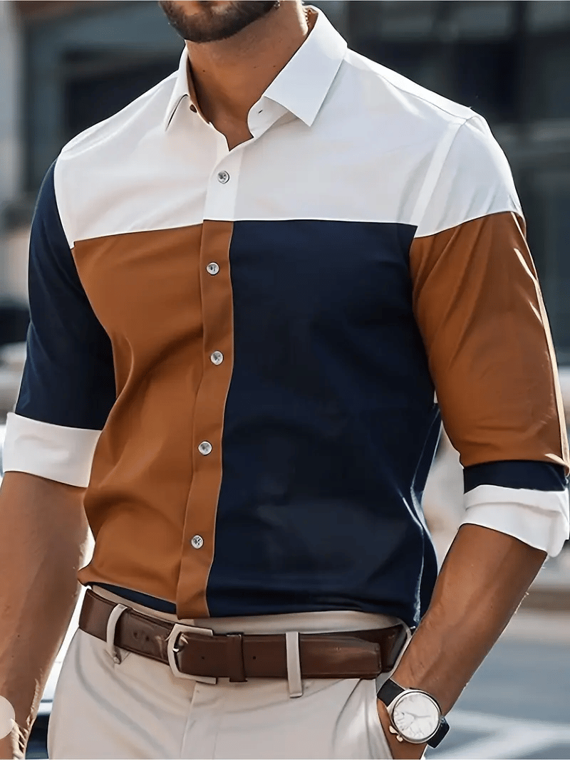 Camisa casual a rayas de manga larga solapa para hombre