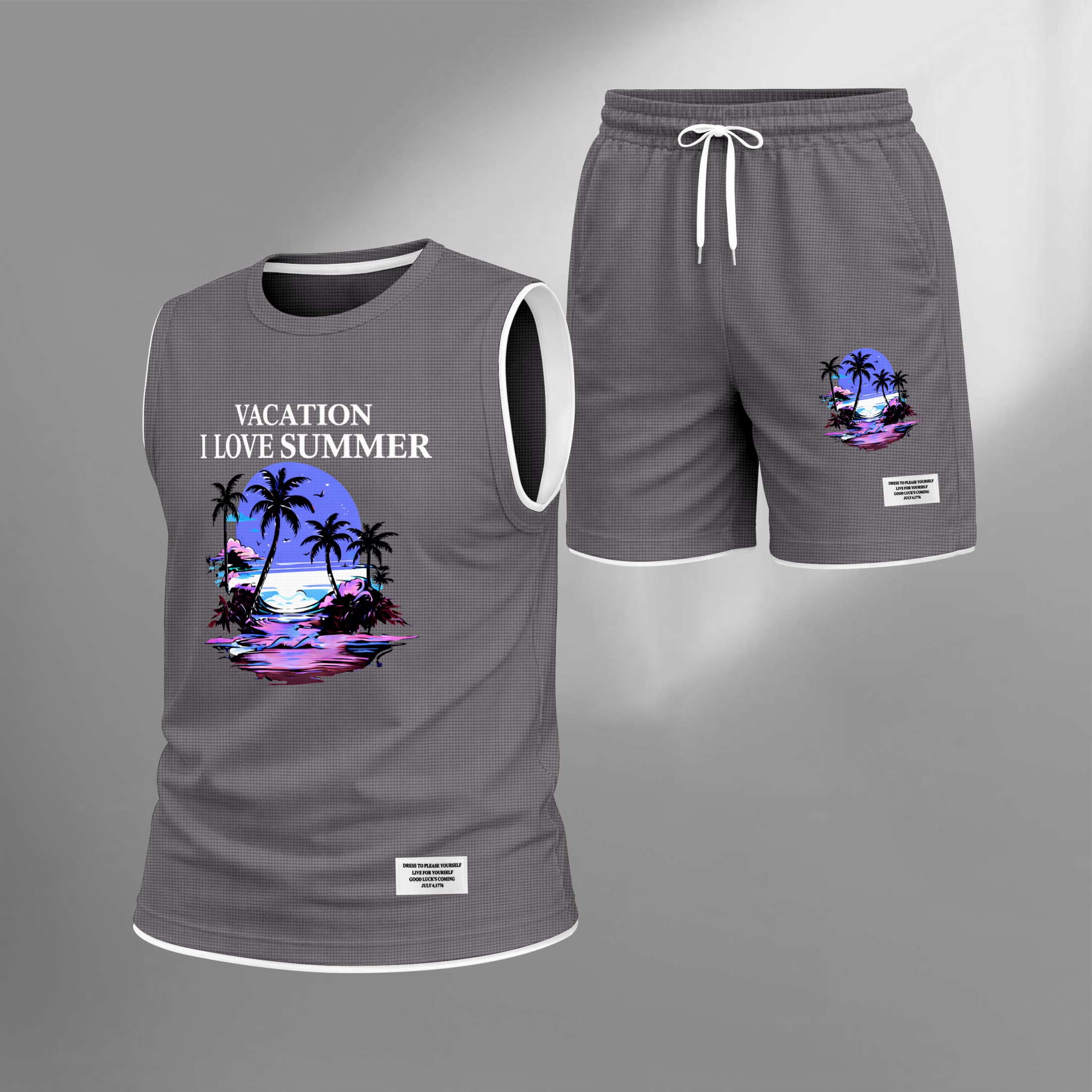 Shorts Tropical Beach Graphic estampado Summer Set Sleeveless Tank Top & Matching Outfit, Vacation Island estampado Lightweight casual Streetwear Set for Everyday & Holiday para hombre