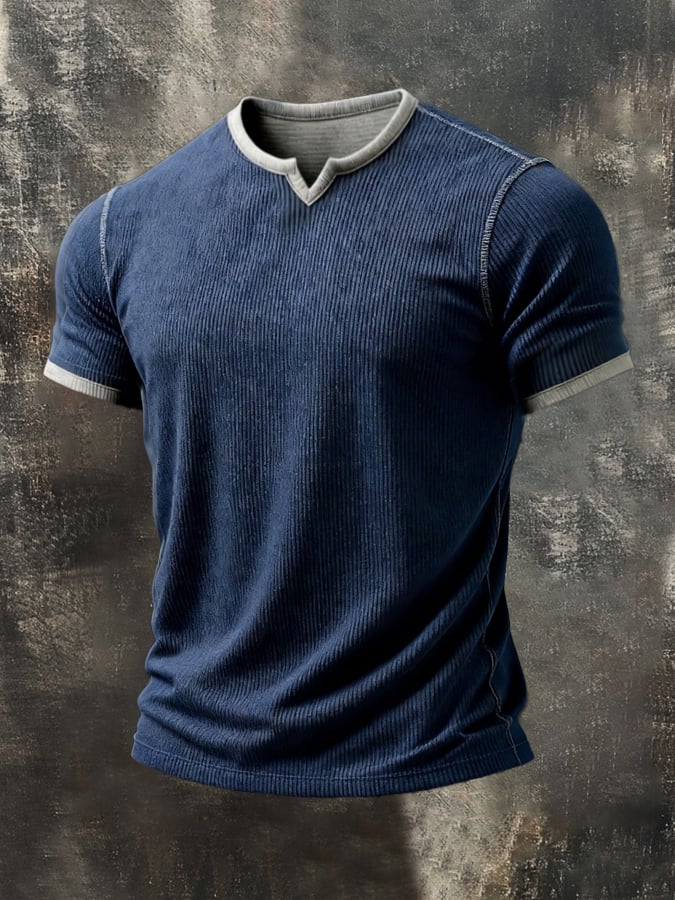 Retro desgastado Patchpara trabajo en bloques de color V-Neck de manga corta Top para hombre