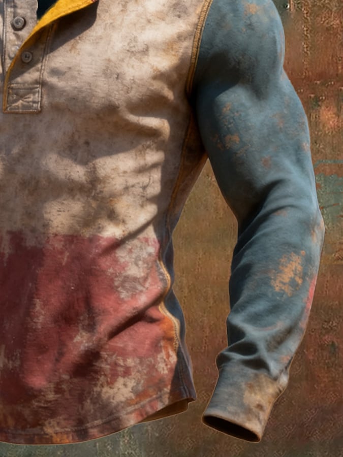 Retro en bloques de color de manga larga Henley para hombre