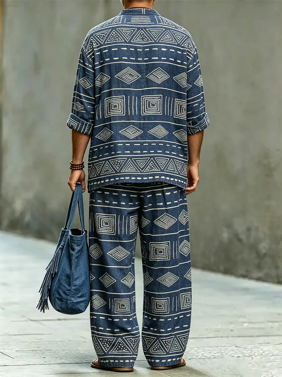 para hombre retro Pattern Print casual de lino conjunto de dos piezas (top & pantalón)
