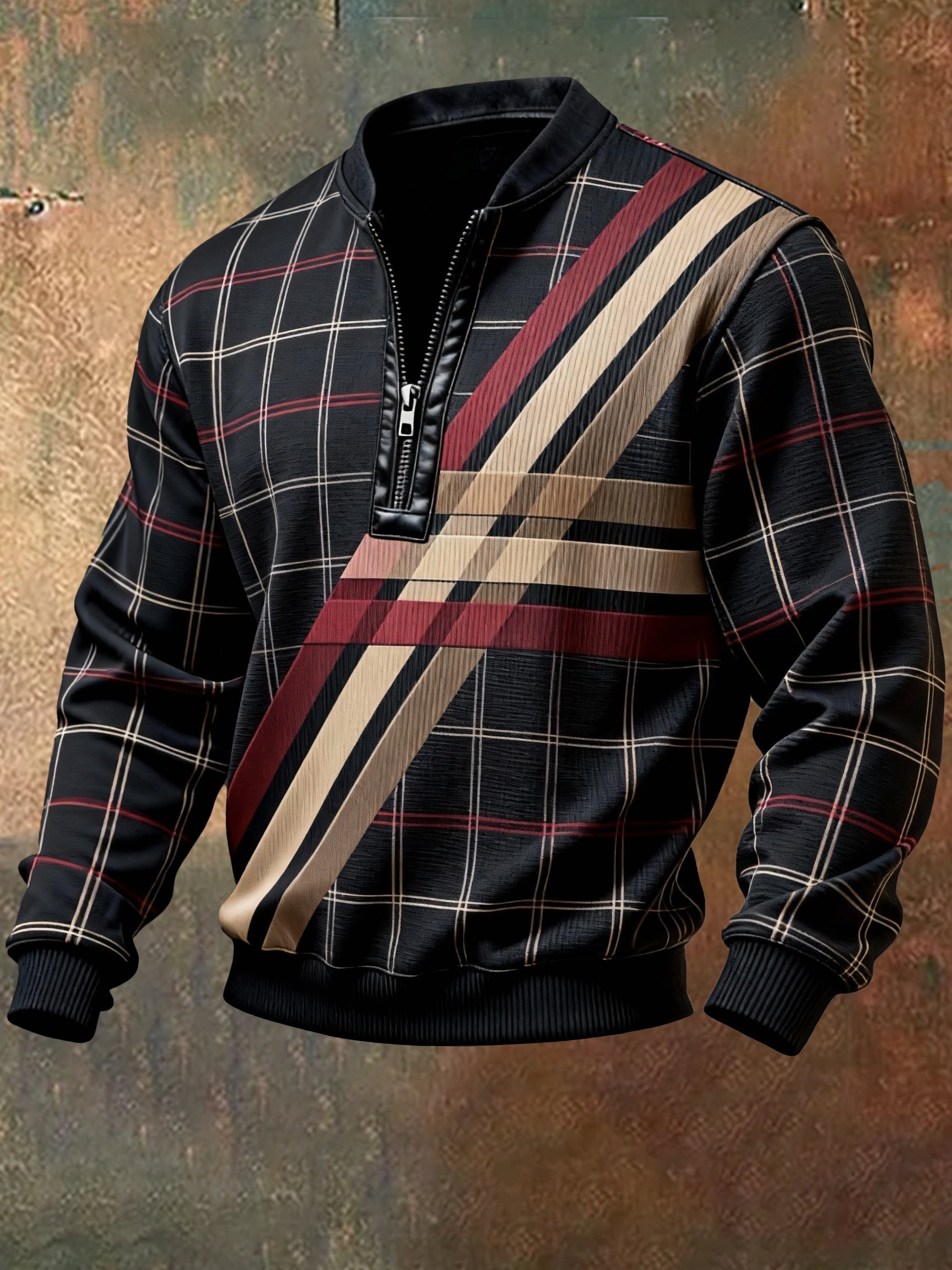 Sudadera casual retro Contrast Color Half Zip Stand cuello de manga larga para hombre