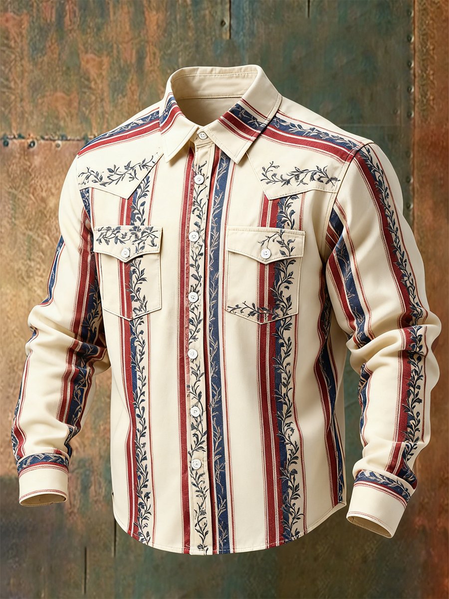 Camisa vintage a rayas Western de manga larga para hombre