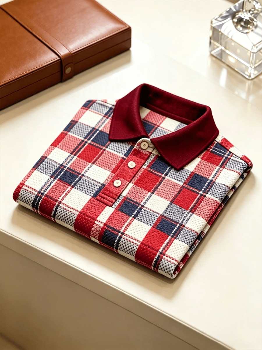 Camisa polo ejecutivo Colorblock a cuadros estampado para hombre