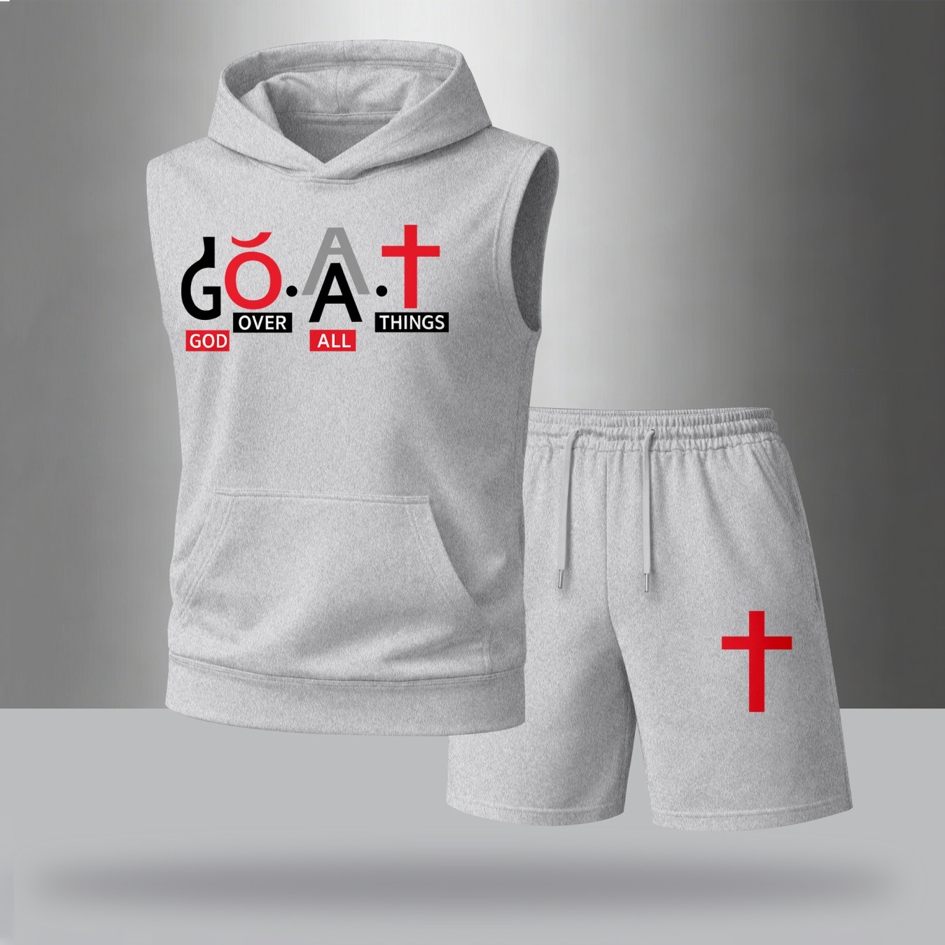 Sudadera con capucha Sleeveless & shorts Set – G.O.A.T Graphic estampado, Cross & Faith Design, casual Streetwear Summer Tracksuit, Urban Style Outfit, para uso diario Wear, Gym Ready, Lightweight Comfort Fit shorts para hombre