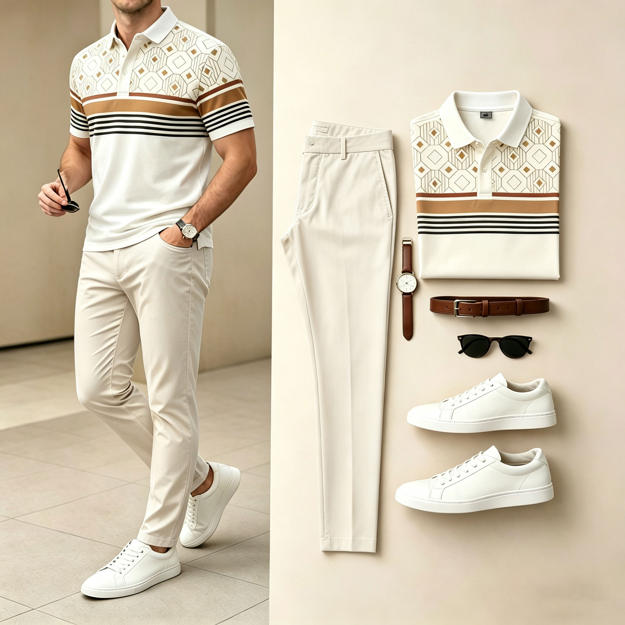 para hombre Beige de manga corta camisa polo and pantalón conjunto de dos piezas