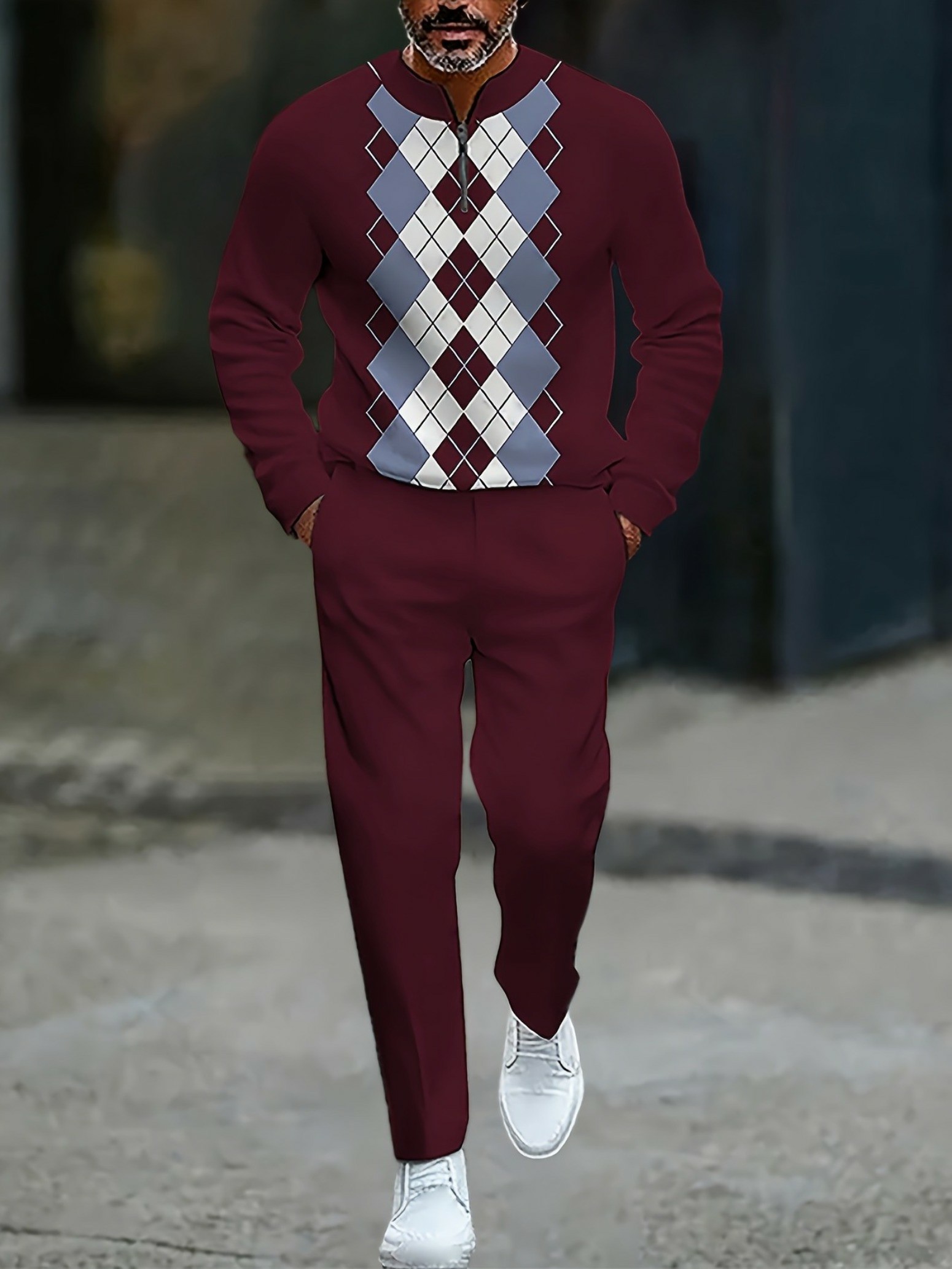 Conjunto de dos piezas casual Maroon Color Matching Checked estampado Round-Neck Zipper de manga larga Trousers para hombre