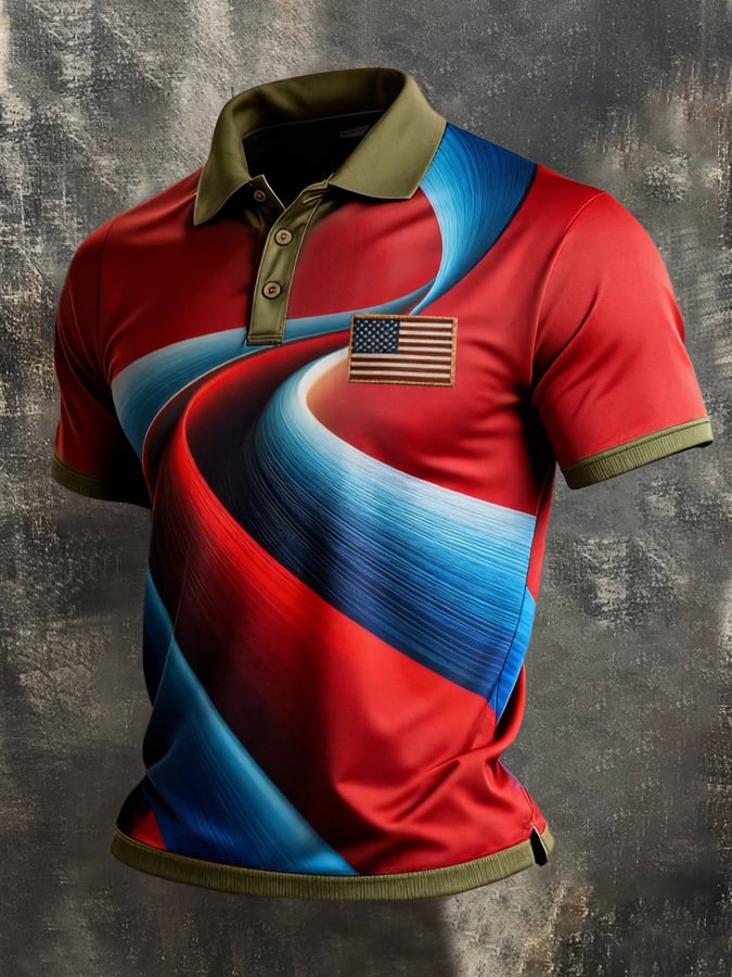 Retro Patriot en bloques de color Polo Collar de manga corta para hombre