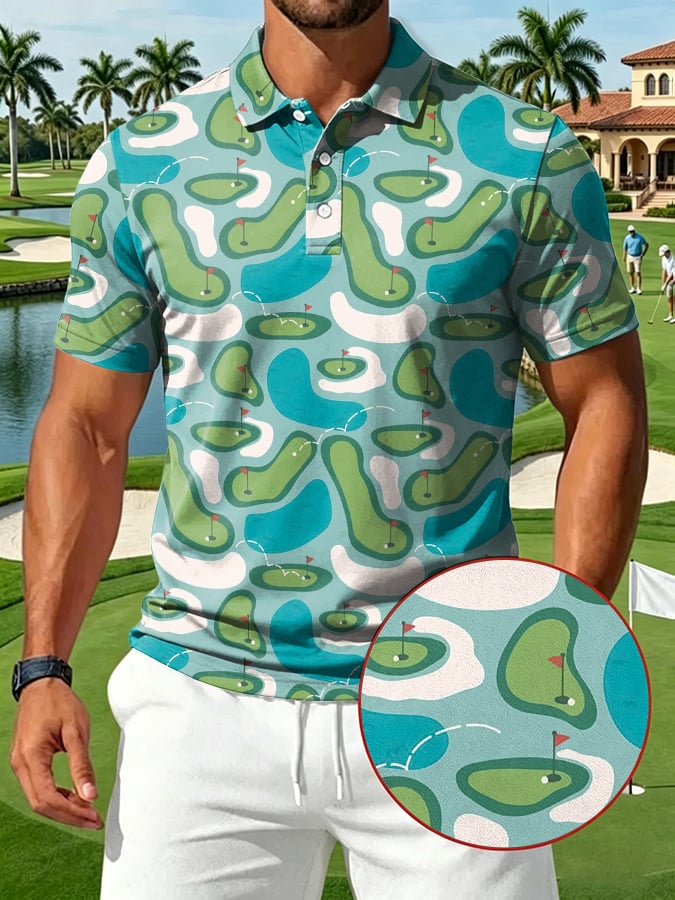 Camisa polo Golf Course Map estampado casual para hombre