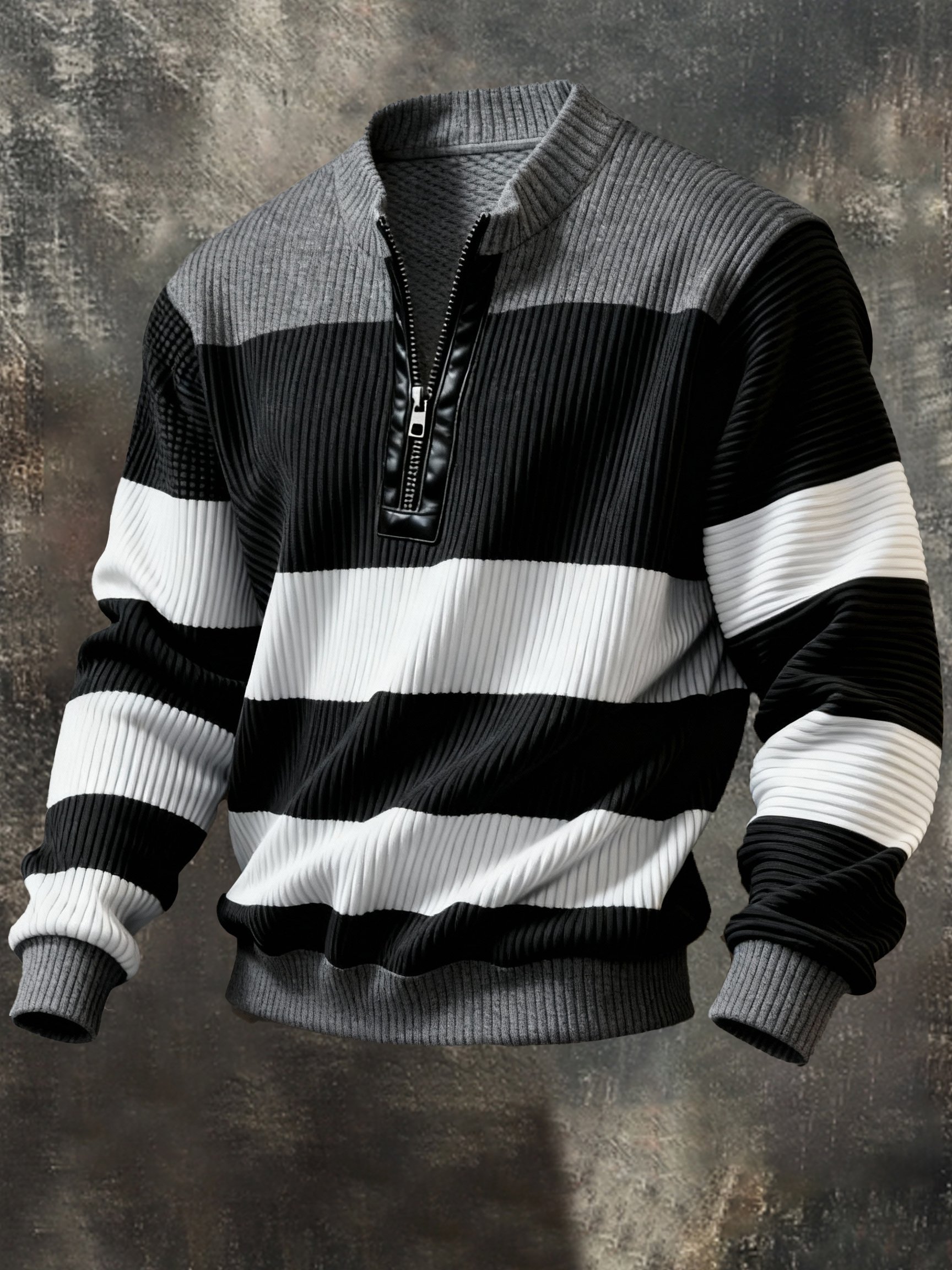 Sudadera casual retro Contrast Color Half Zip Stand cuello de manga larga para hombre