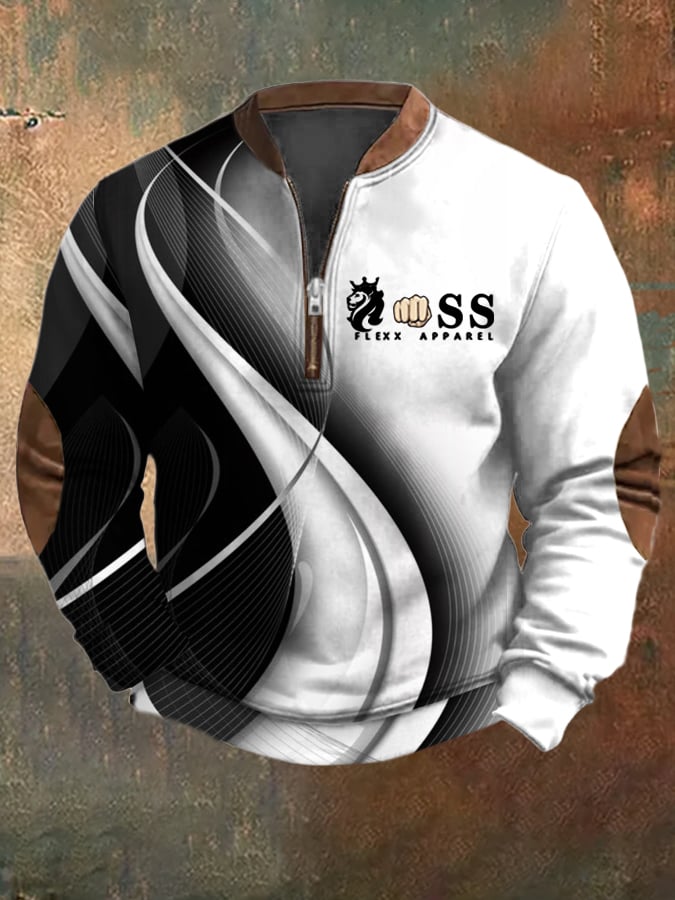 Sudadera retro Letter Design estampado casual cierre cuello de manga larga para hombre