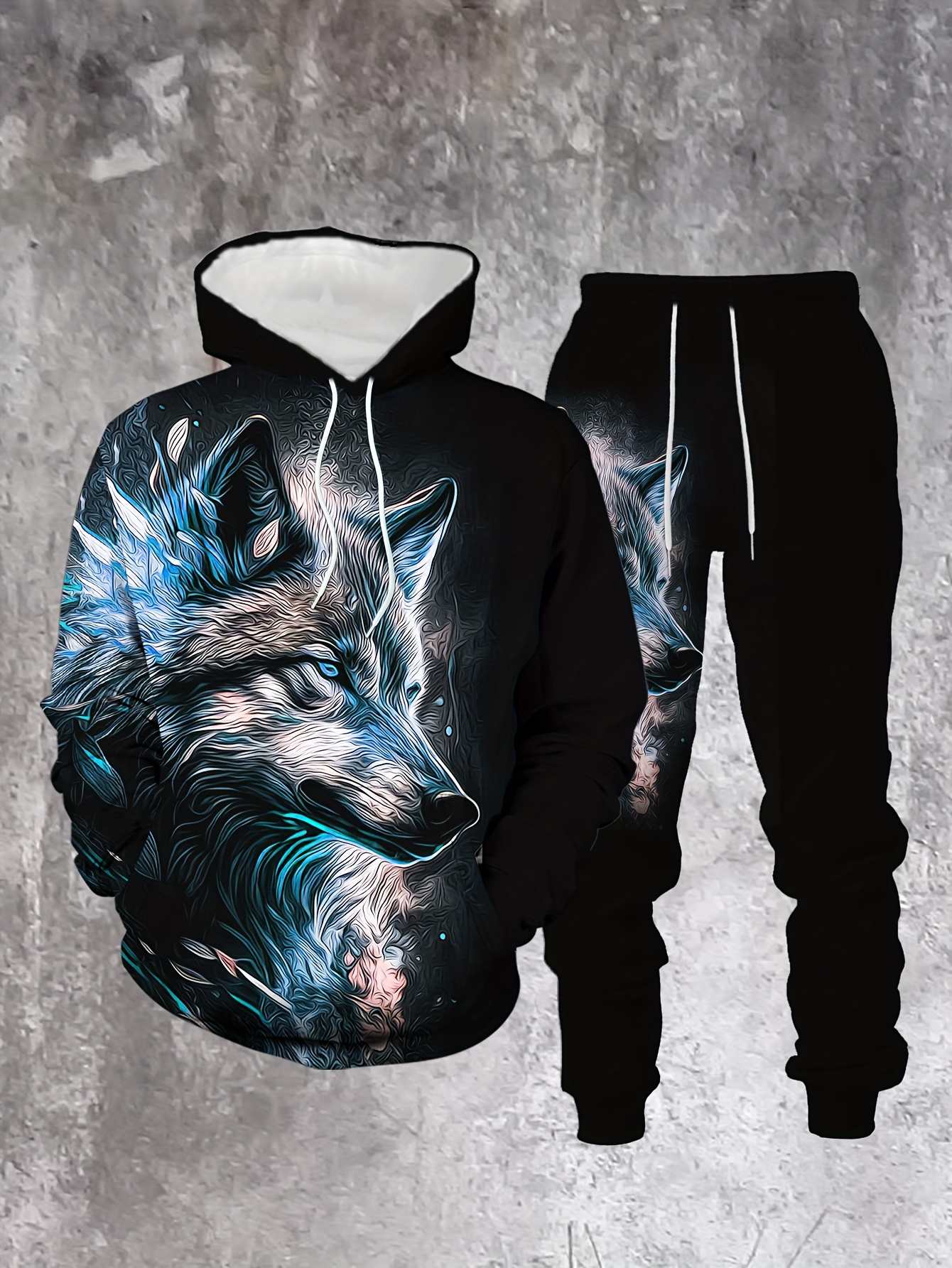 Conjunto de dos piezas casual Color " Wolf" estampado sudadera con capuchas de manga larga sudaderas & Sweatpantalón para hombre