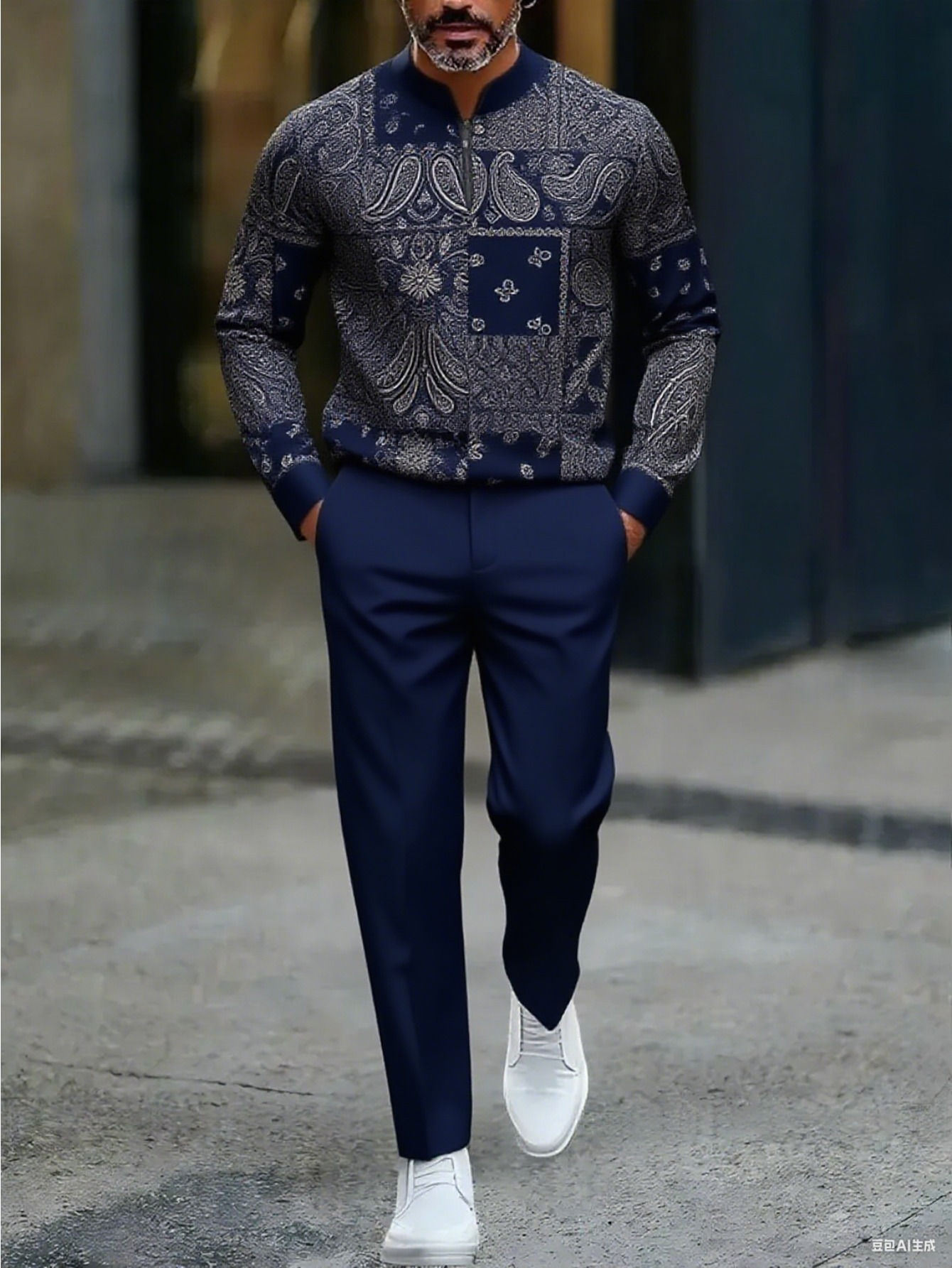 Conjunto de dos piezas casual Ethnic Style estampado Round-Neck Zipper de manga larga Trousers Navy Blue para hombre