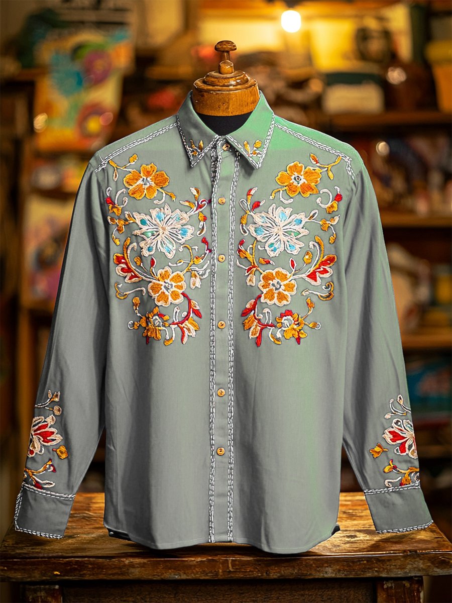 Camisa retro casual Western Ethnic estampado de manga larga para hombre