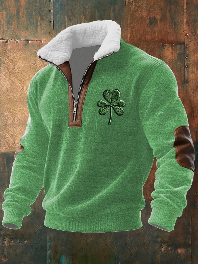 Sudadera vintage St. Patrick's Day estampado de manga larga With Fur cuello para hombre