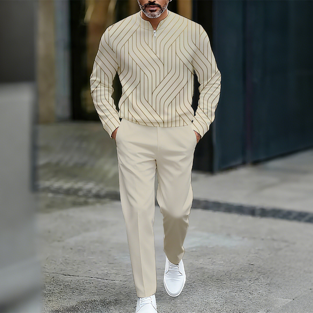 Conjunto de dos piezas casual Color Matching estampado Round-Neck Zipper de manga larga Trousers para hombre