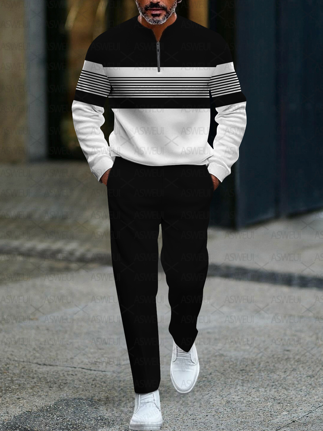 Conjunto de dos piezas de moda casual geometric estampado de manga larga zipper para hombre