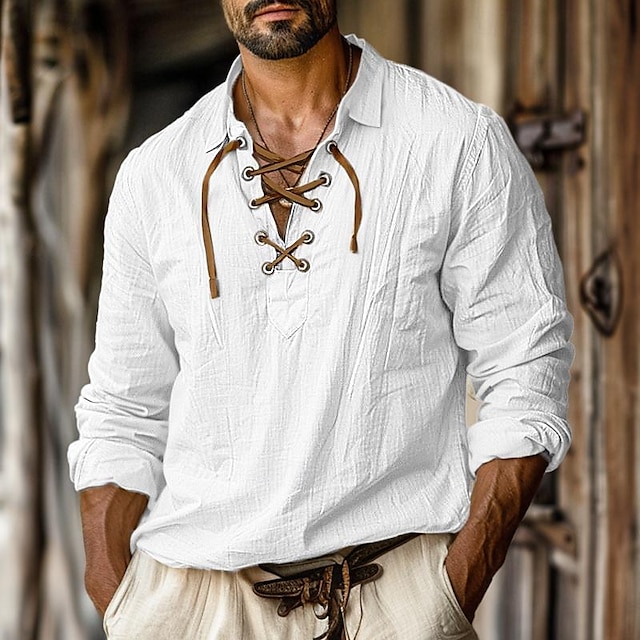 Camisa de lino camisa Viking Style Pirate camisa Summer camisa Beach Wear White Orange Green Light Blue de manga larga de color sólido Collarless Street para uso diario Clothing Apparel para hombre