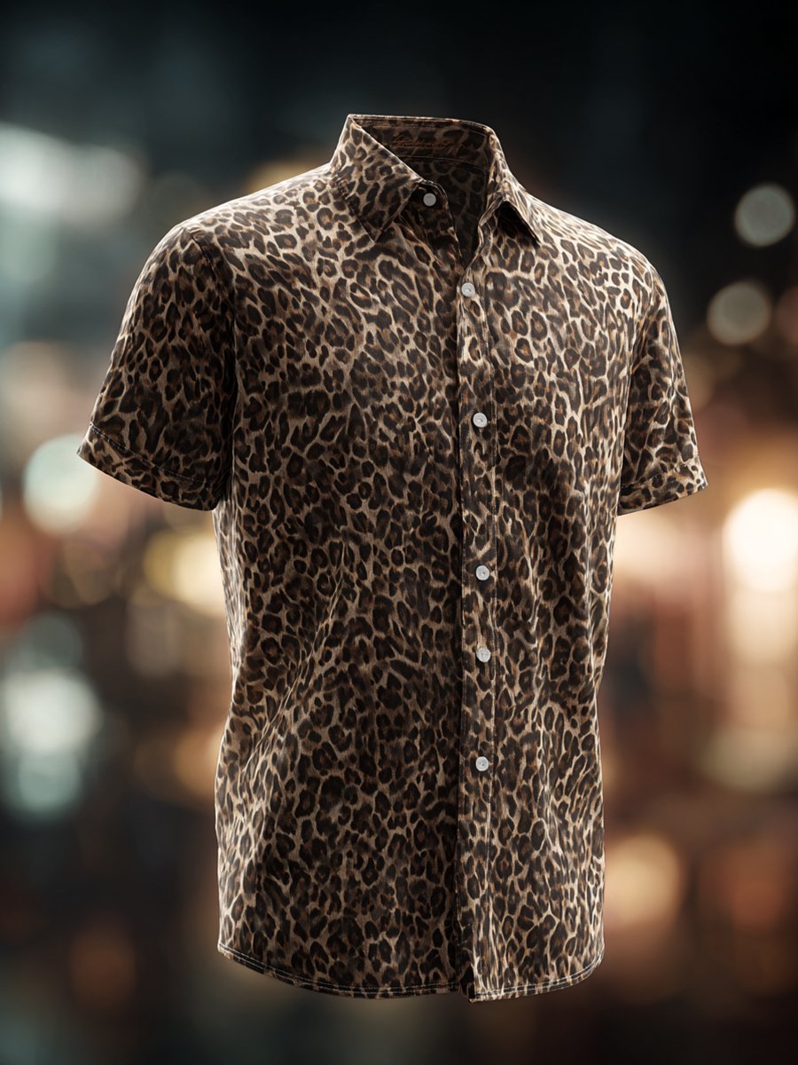 Camisa ejecutivo casual Leopard estampado solapa de manga corta para hombre