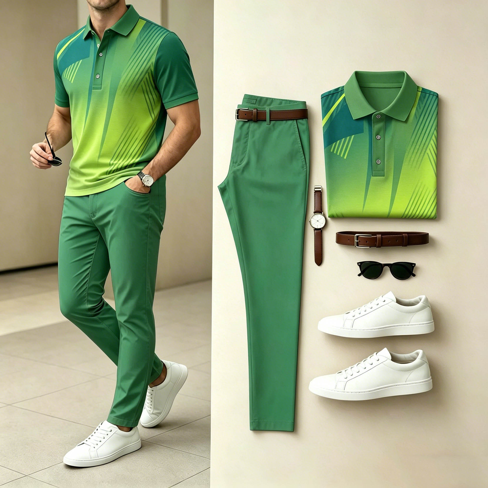 Conjunto de dos piezas casual Green Gradient Line estampado camisa polo & pantalón para hombre