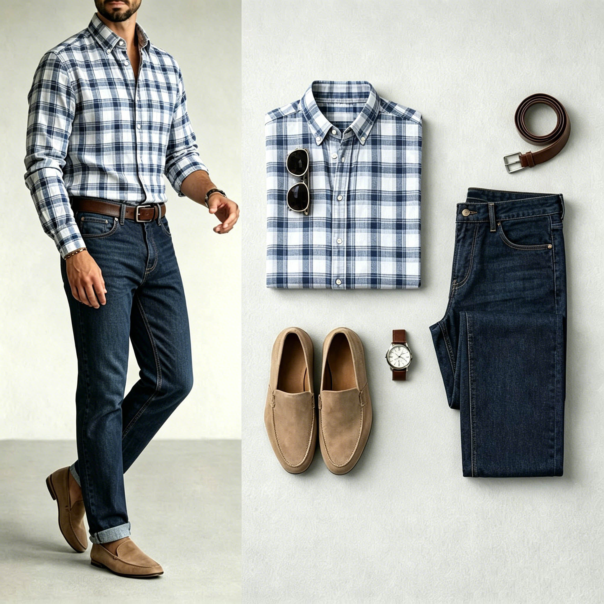 Conjunto de dos piezas Navy Blue & White Color Matching retro Style a cuadros estampado Lapel Collar de manga largas camisa & Jeans para hombre
