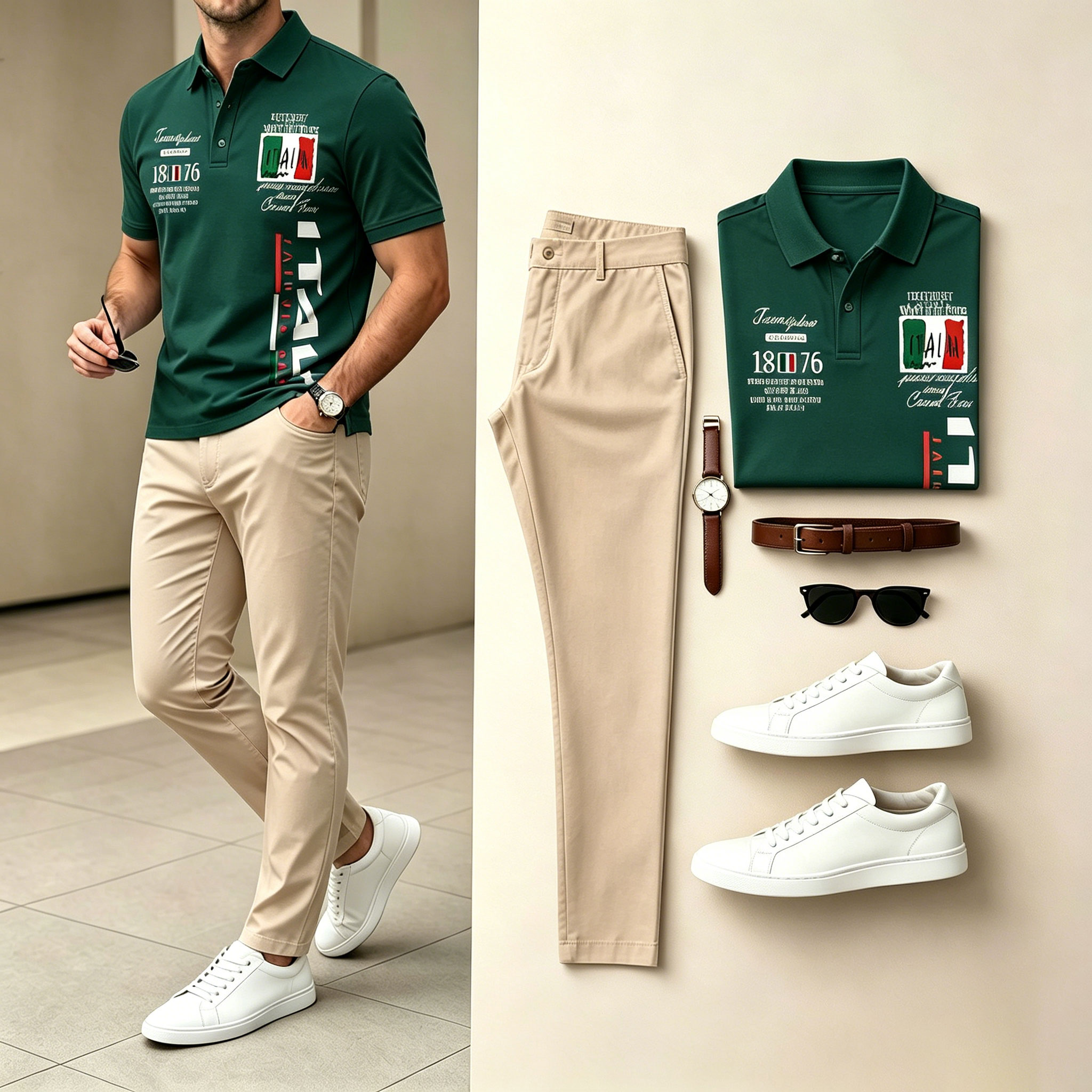 Conjunto de dos piezas Dark Green & Khaki Color Matching estampado de manga cortas camisa polo & pantalón para hombre