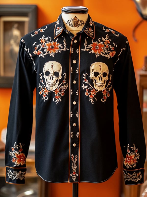 Camisa retro casual Skull estampado de manga larga para hombre