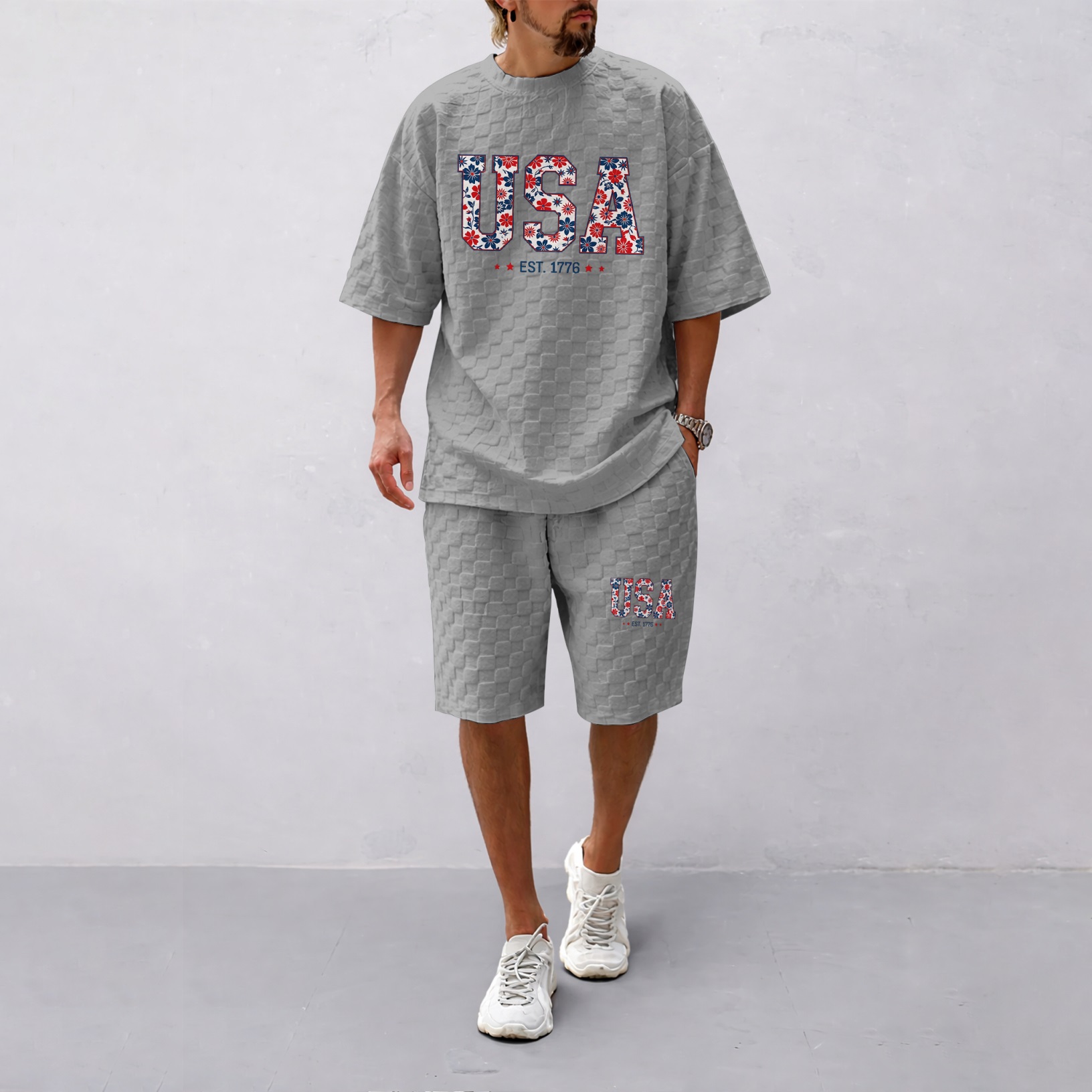 Camisa Spring/Summer USA-estampado a cuadros Drawstring shorts Set—A casual summer outfit featuring a de manga corta and shorts, ideal for both everyday wear and athletic activities para hombre